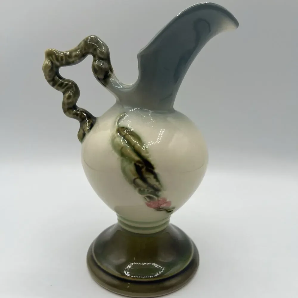 VTG Hull Pottery Woodland Ewer Pitcher W6 6½” Pink Floral Green Handle USA